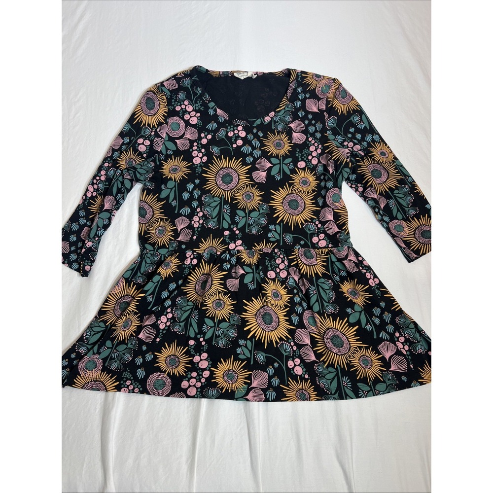 Mata Traders Women Black Floral Long Sleeve Peplum Tunic Cotton Blouse M